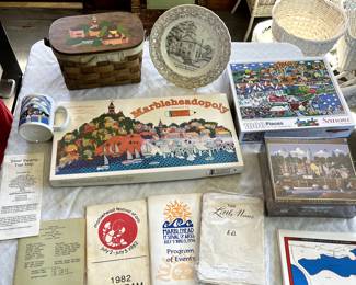 Vintage Marblehead Festival of arts programs, vintage Marblehead youth baseball pamphlet, puzzles, dishes 