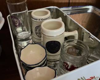 Tin of assorted college ceramics (Uconn, UNH)