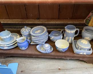 Collection of light blue, white matte finish dishes 