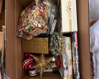 Box of assorted Christmas decorations in upstairs bedroom 