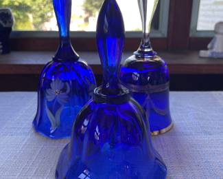 Blue glass  bells with gold and floral details 
