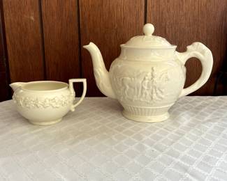 White Wedgewood teapot and cream dish 