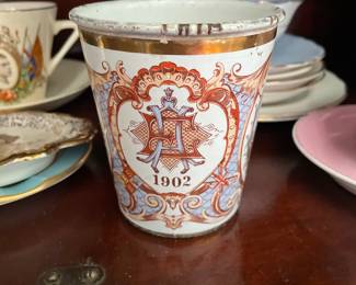 Orange, blue, gold, decorative English cup, year 1902