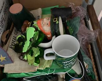 Box of assorted Saint Patricks day decorations and accessories 