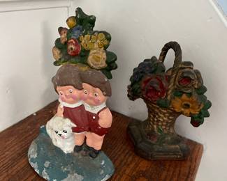 Little family with dog, flower basket doorstoppers 