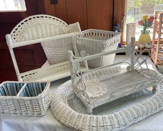 Assorted wicker home decor - mirror, shelving, wastebasket 