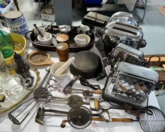 CAST IRON VINTAGE KITCHEN ITEMS AND VINTAGE TOASTERS