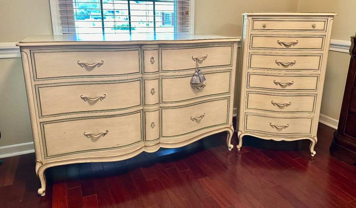 Drexel Touraine Custom (powder blue accent) 6-drawer dresser with wall hung mirror PLUS 6-drawer lingerie chest…watch for more pics….I’ll show ya the hidden swing out drawer!!!