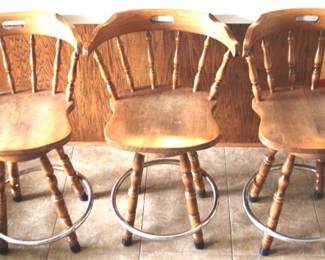 27 - 3 Vintage Wood Swivel Bar Chairs 22 x 17 x 37
