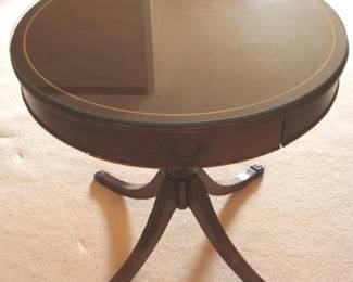 53 - Mahogany Duncan Phyfe Drum Table With drawer & glass top 29 x 28.5

