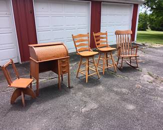 Child's roll top desk, 2 Macy's stools, rocker.
