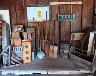 Wood boxes, jack, cupboard, bed warmer, 2 pizza/bread paddles, flail, 10 gallon whiskey barrel, tool chest, floating shelves.