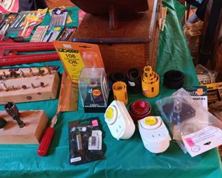 Antique wood wall phone, Wood River NEW router bits, mini saw, hole cutters' sets, NEW clock supplies.