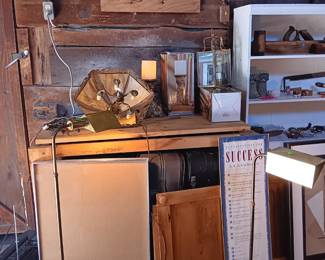 Quoizel chandelier, lamps, brass floo lamps.