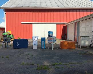 Air conditioner, 2 new fans, blanket box, enamel drop leaf table with cupboard, golf clubs.