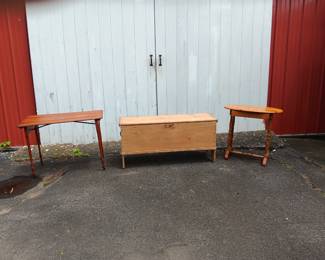 Sewing table with inlaid measuring tape, 1800's floating blanket box, end table.