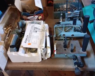 Brass door handle and hardware, Delta Mortiser attachment for drill press, tools.