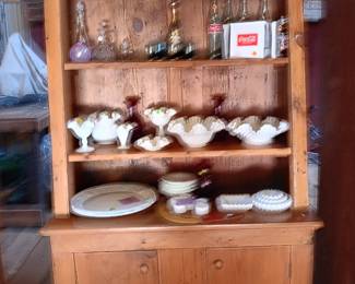 7-piece cordial set with gold inlays. Fenton hobnail, grape pattern, cranberry  milk glass