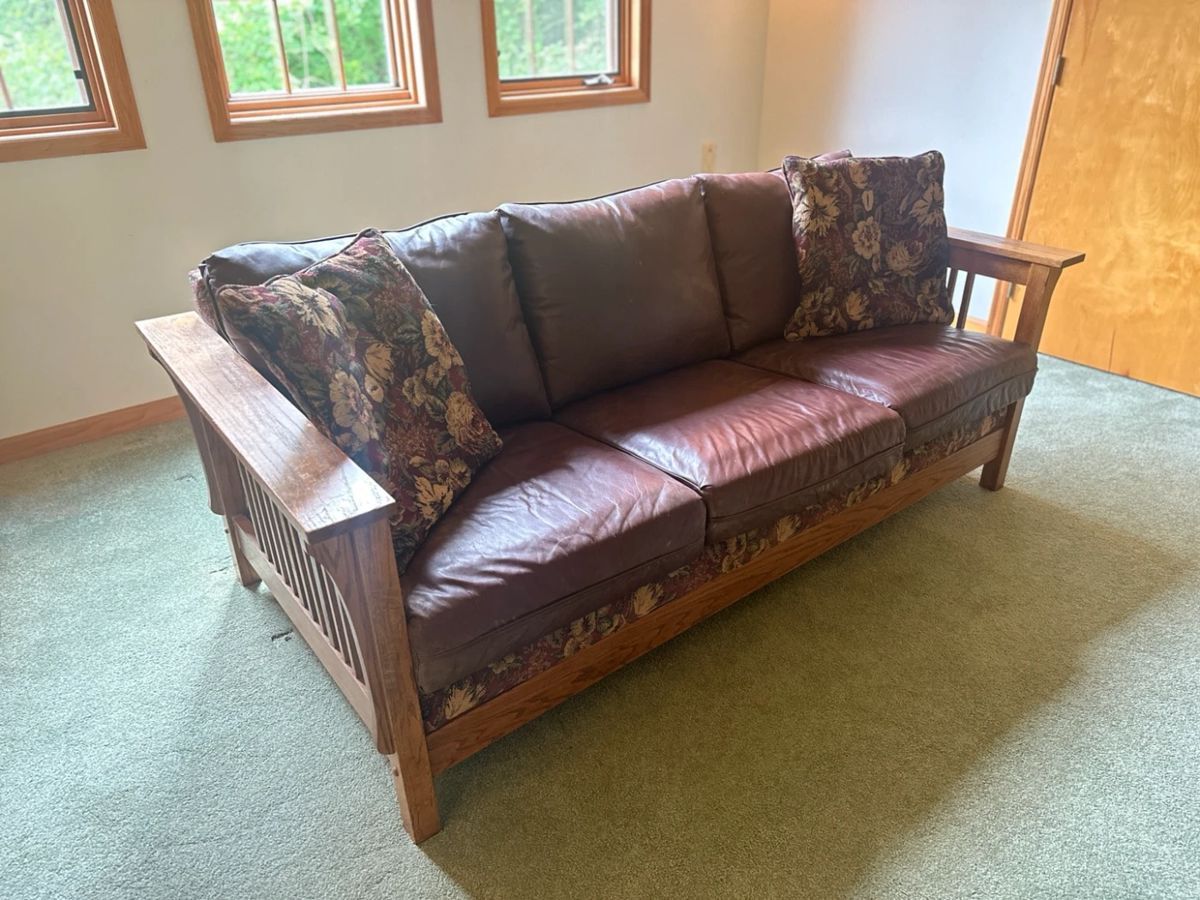 Mission Style Wooden Leather And Upholstered Sofa
