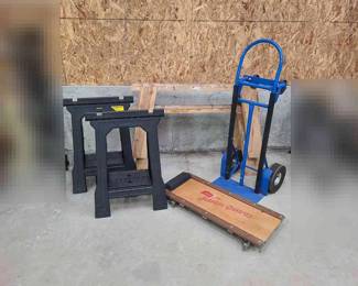 Two Wooden Sawhorses Two Folding Sawhorses Dolly Under Car Roller