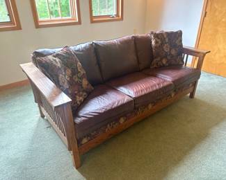 Mission Style Wooden Leather And Upholstered Sofa