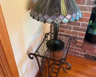 Metal And Glass Table With Stained Glass Lamp