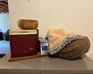 Vintage Igloo Cooler With Woven Basket And Knit Throw