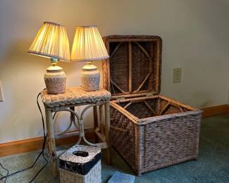 Vintage Rattan Table Basket With Lid Two Lamps And Tissue Container