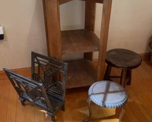 Wooden Table Stools And Metal Magazine Holder