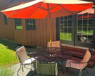 Metal Floral Patio Dining Set With Four Chairs Umbrella And Cushions cover Included