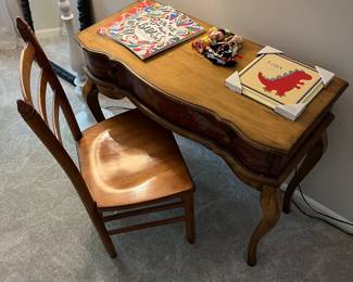 Vintage desk and chair, desk with hand-painted drawer.