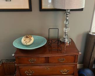 Four-drawer chest/accent table by Superior Furniture (Lowell); extensive selection of lighting and interesting home decor sale-wide.