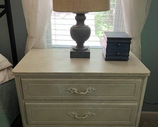 One of two matching Recherché three-drawer dressers, painted; one of two matching table lamps w/faux marble/stone base.