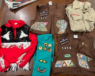 Girl Scout clothing and patches; Young Texan cowboy outfit (left in photo).