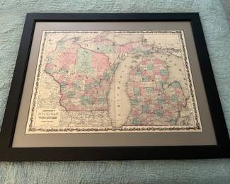 Framed antique map of Michigan and Wisconsin (Johnson’s).