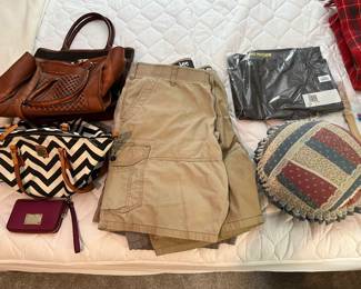 Handbags/purses and men’s shorts and slacks.