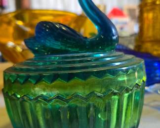 Blue Green Flash Glass Swan Dish