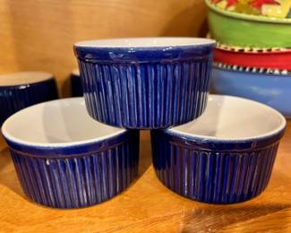 Set of 3 Emile Henry France Blue Ribbed Ramekins