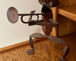 Rustic Metal Frog Playing Trumpet Sculpture
