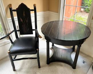 Black Forest Hickory Arm Chair, Rustic Dark Wood Round Side Table