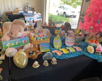Easter decor, including The Cat's Meow and Department 56