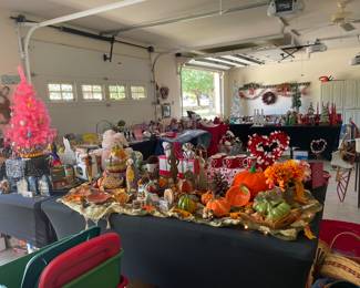 A three car garage full of wonderful holiday decor of all sorts