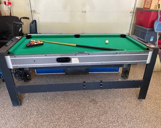 Double-sided mini pool table, ping-pong table, hockey, and air hockey table. 