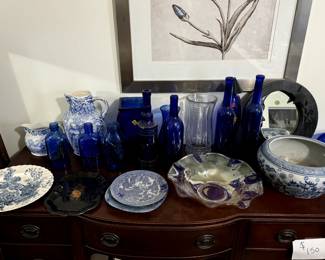 Blue and white vases, plates, pitchers and more