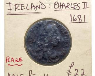 Rare 1681 Ireland Charles II Half Penny

