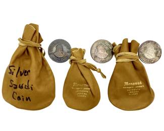 3pc Silver Middle Eastern Coins & Drawstring Bags
