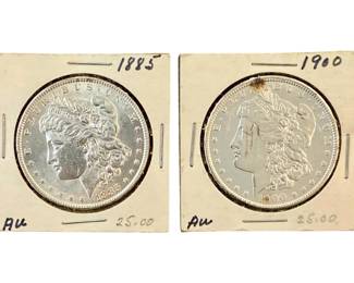 1885 & 1900 Morgan Silver Dollars AU
