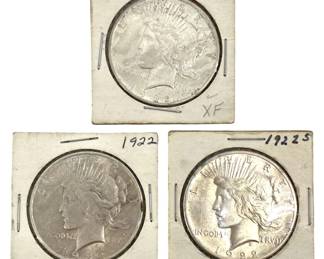 3pc 1922 Peace Silver Dollars