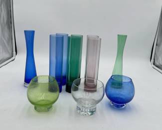 Assorted Libby Bud Vases And Crate And Barrel Foaming Glasses