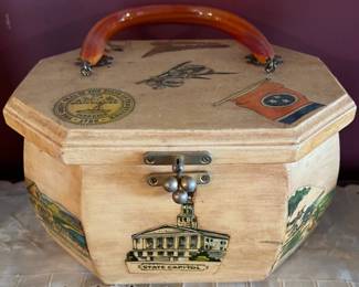 1960s octagonal wood handbag with TN icons